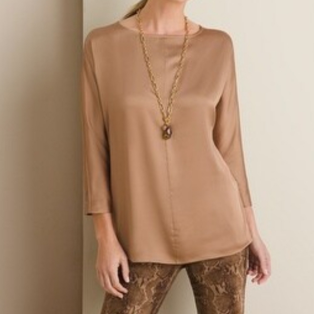 Chico's Pull Over Santin 3/4 Sleeves Gold‎ Top Womens Size 12/14